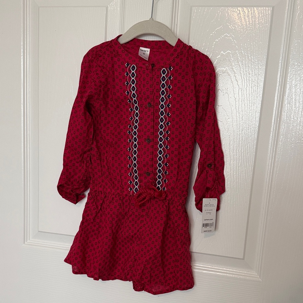 Carter's Girls Red Long-Sleeve Patterned Dress with Front Trim